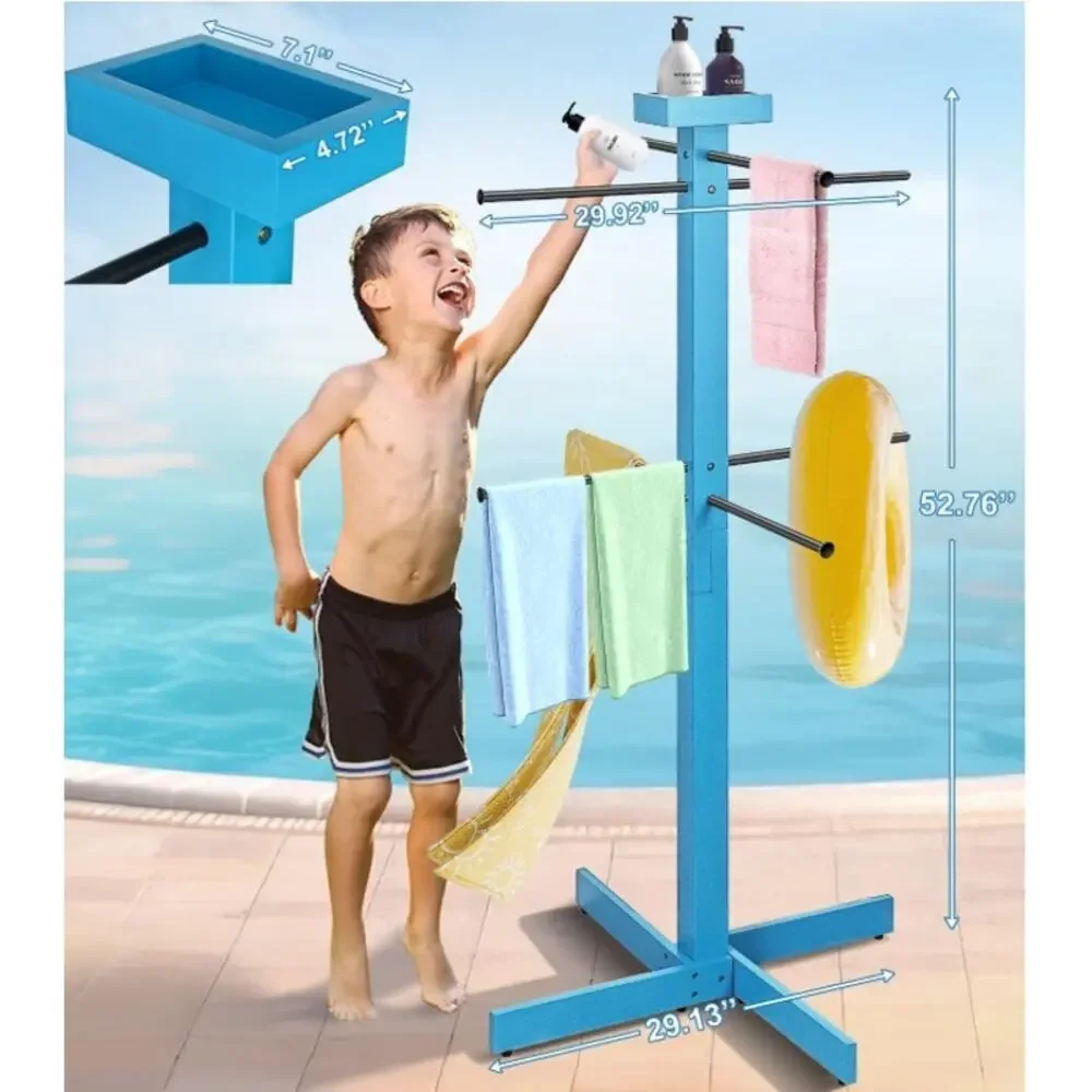 Outdoor Pool Towel Rack 53” Wood Stand 4 Adjustable Bars Blue Open Box